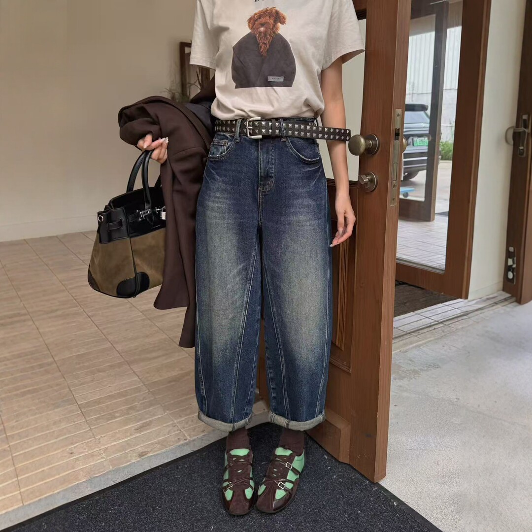 蓝色高腰阔腿九分哈伦牛仔裤女