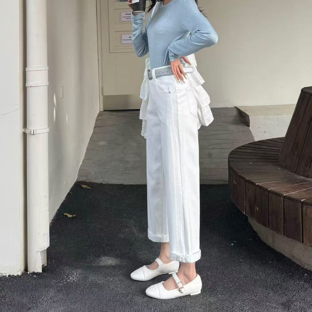 2026春季新款白色阔腿牛仔裤女宽松高腰九分小个子直筒休闲法棍裤