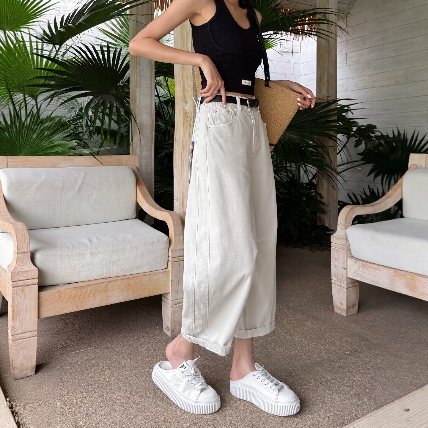 夏薄款灰色弯刀牛仔裤女宽松高腰八分小个子阔腿休闲直筒裤气球裤