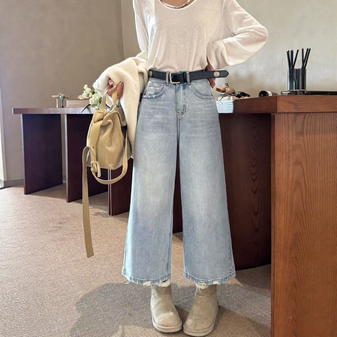2026春新款浅蓝色阔腿牛仔裤女宽松高腰大码休闲九分直筒裤法棍裤