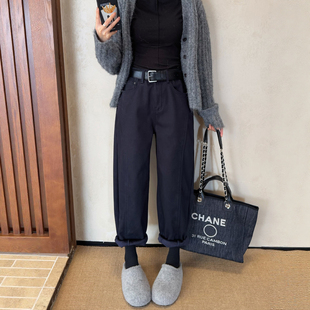 子老爹裤 冬季 女宽松高腰休闲哈伦萝卜裤 藏青色加绒加厚牛仔裤 新款