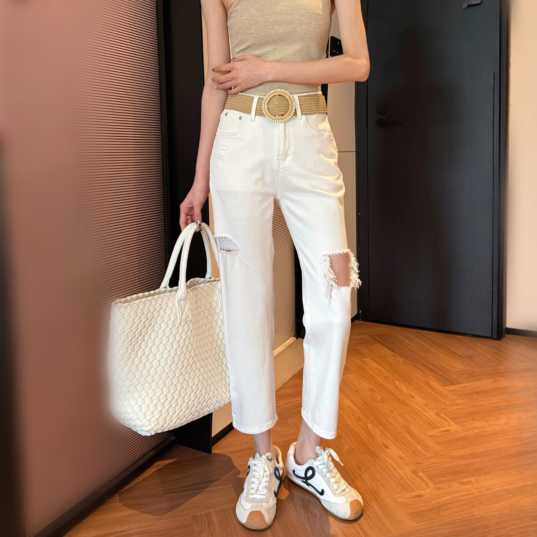 白色牛仔烟管裤女破洞高腰八分裤