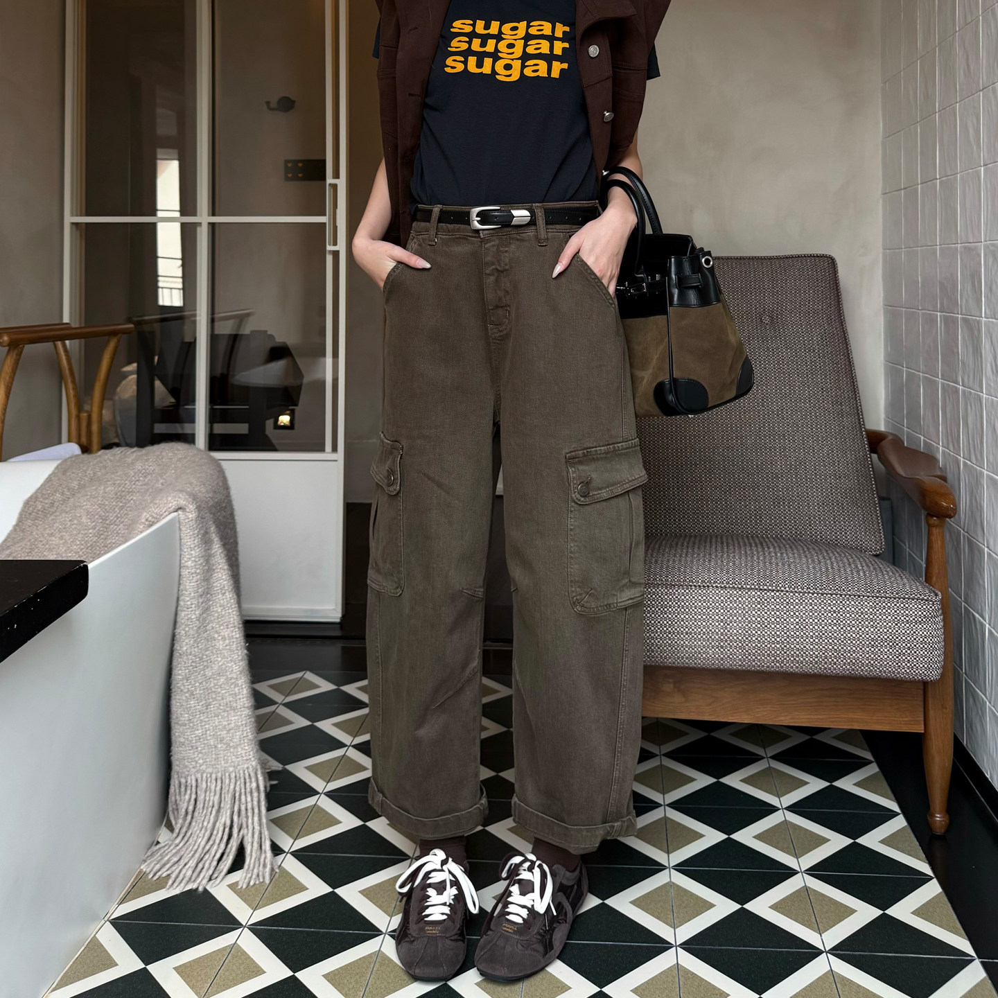 秋新款高腰阔腿牛仔工装裤女