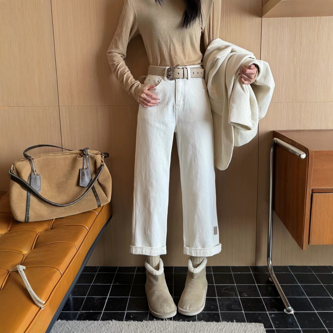 2026春季新款杏色直筒牛仔裤女小个子高腰显瘦九分窄版法棍烟管裤