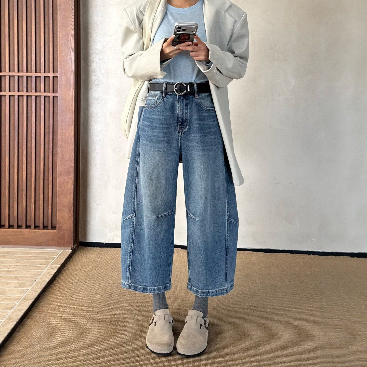 春新款蓝色阔腿牛仔裤女宽松高腰显瘦九分小个子弯刀裤休闲直筒裤