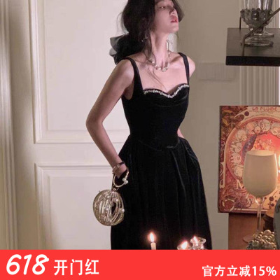 大码女装黑色丝绒生日晚宴吊带裙