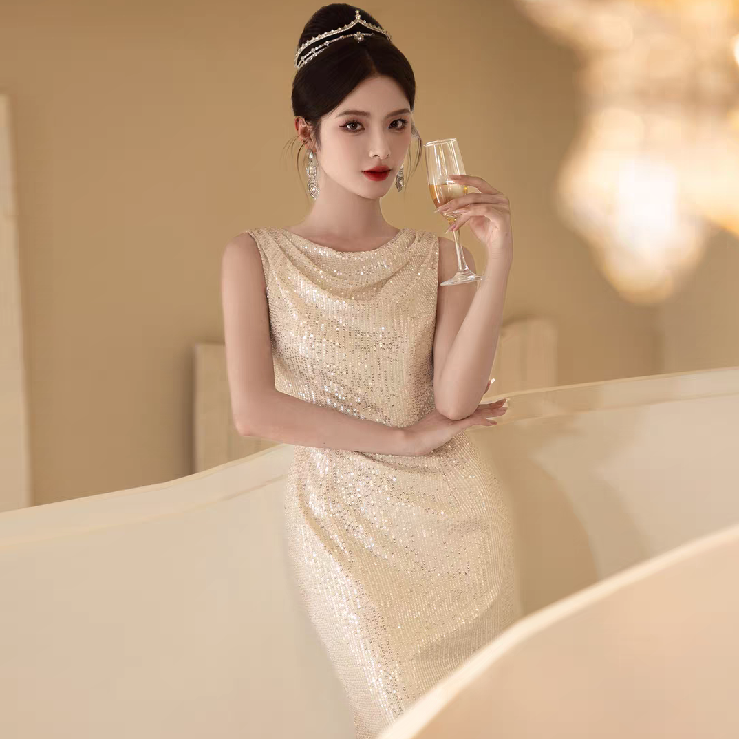 大码女装香槟色鱼尾亮片连衣裙高端轻奢名媛千金生日宴会晚礼服