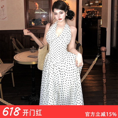 大码女装法式无袖波点挂脖连衣裙