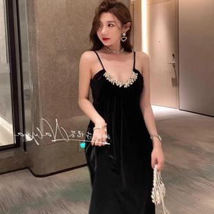 大码女装秋冬款法式轻奢高级感生日宴会小礼服丝绒镶钻吊带连衣裙