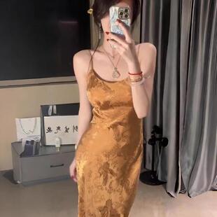 大码女装2025夏季新中式高端精致气质吊带复古提花修身显瘦连衣裙