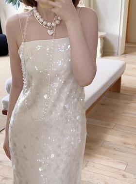 大码女装高端轻奢小众吊带连衣裙设计感聚会气质生日晚宴亮片礼服