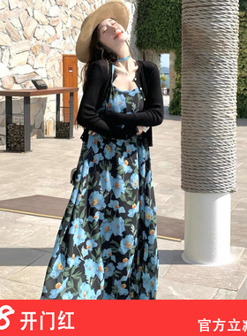 大码女装度假风蓝色碎花吊带连衣裙夏季氛围感拍照绝美沙滩度假裙