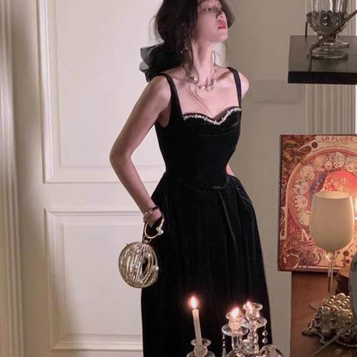 大码女装黑色丝绒生日晚宴吊带裙