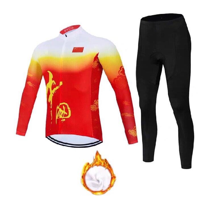 秋冬季红色中国龙专业自行单车装备加绒加厚长袖骑行服套装男女款