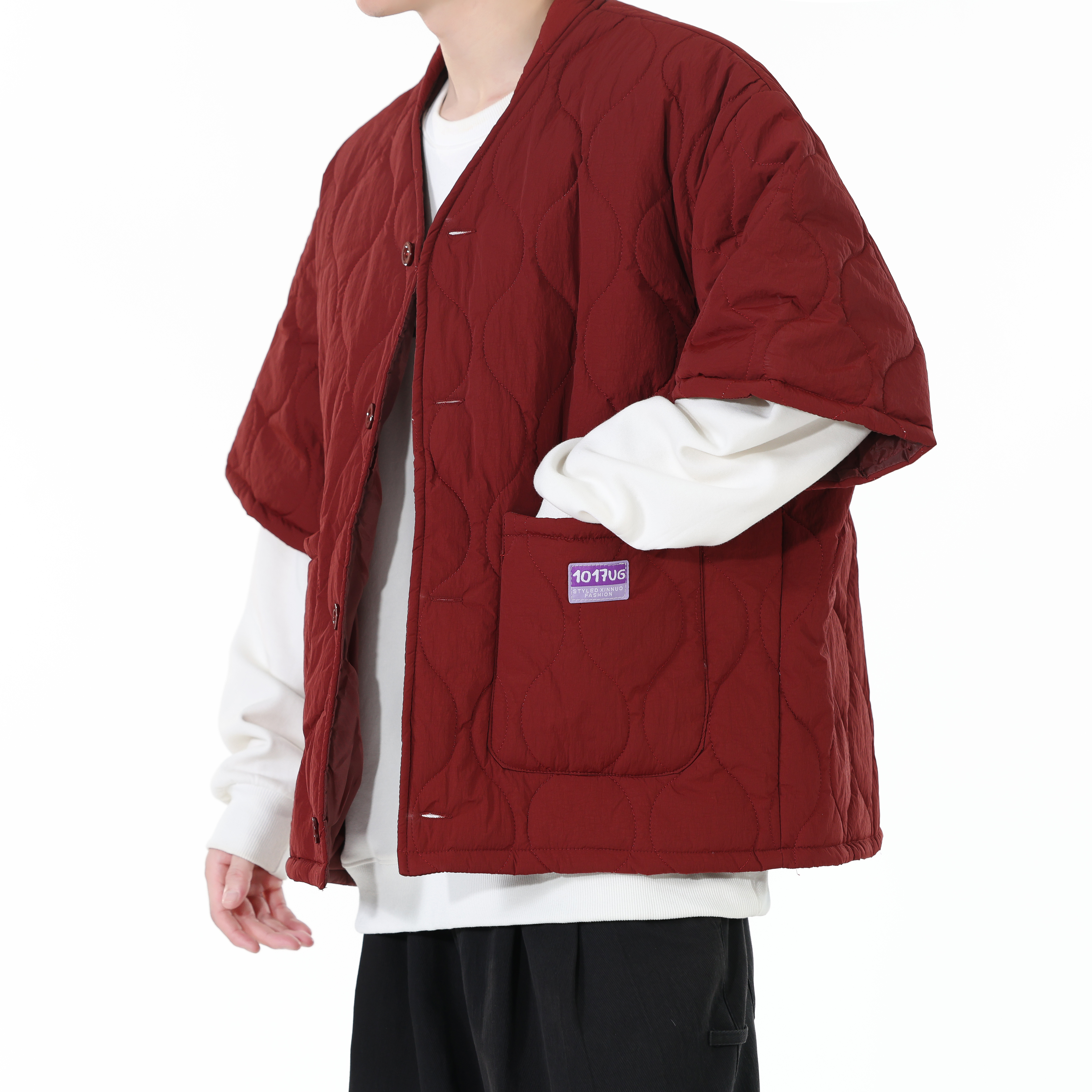 潮牌日系复古菱形半袖棉衣男秋冬季百搭休闲工装棉服宽松保暖外套