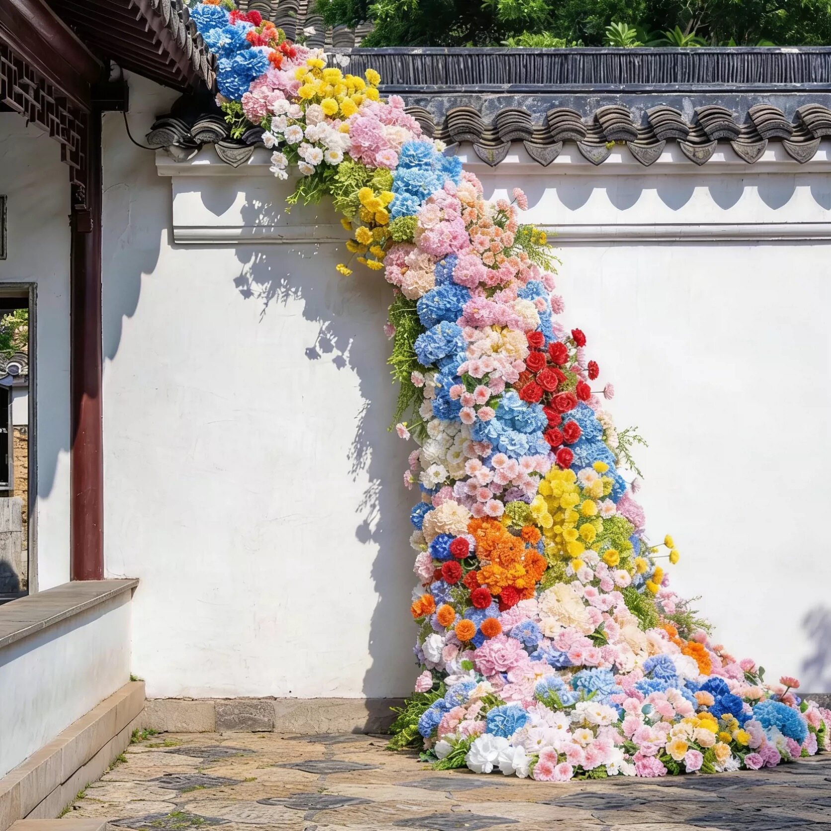 春天花朵瀑布墙商业广场景区网红打卡玫瑰花墙打卡拍照美陈布置