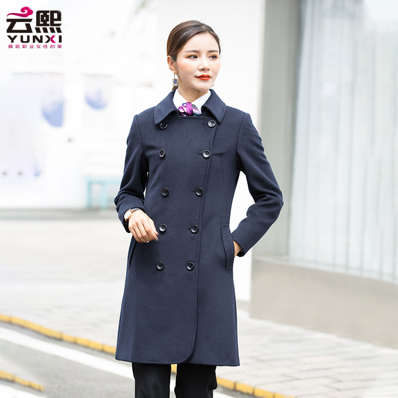 冬季职业外套风衣女士中长款工装大衣藏青色售楼部物业客服工作服