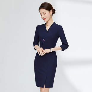 春季女士七分袖连衣裙藏蓝色职业装包臀酒店前台客服美容师工作服