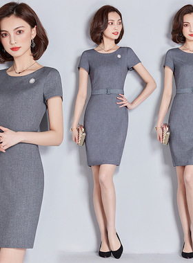 夏季新款灰色短袖连衣裙时尚气质ol职业装女物业前台客服工作服