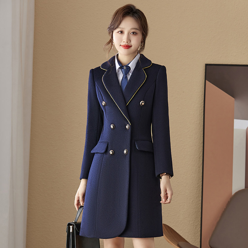 藏蓝色双排扣冬季加厚中长款呢子大衣毛呢外套职业装物业前台客服