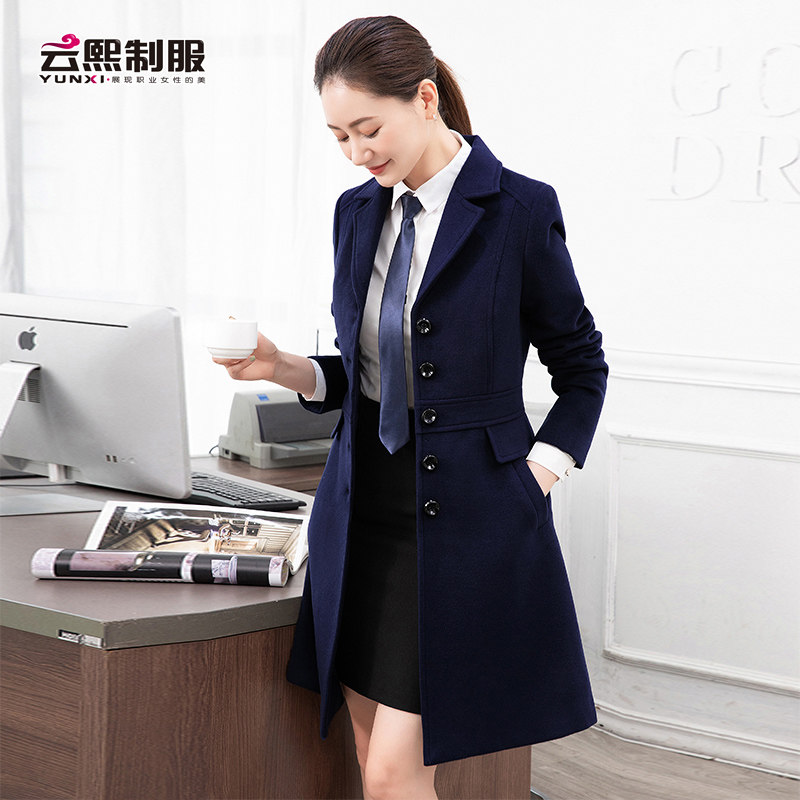 售楼部工装冬季新款气质修身呢子女大衣中长款物业酒店前台工作服