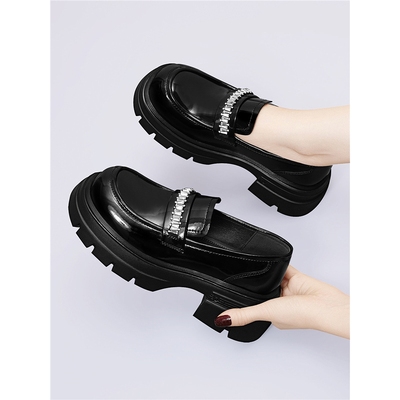 亮面乐福鞋女2025新款厚底英伦风小皮鞋增高黑色单鞋一脚蹬jk鞋子