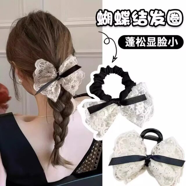 蝴蝶结温柔风发圈蕾丝双层韩版