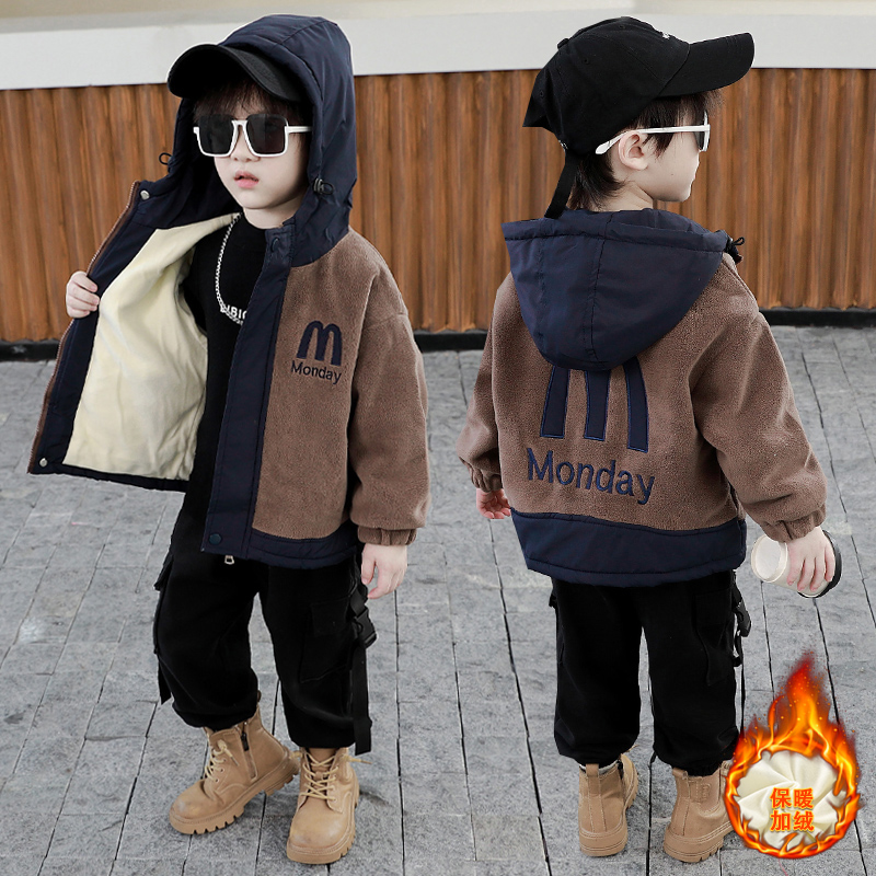 男童加厚外套秋冬装2025新款小儿童加绒毛毛衣男孩秋季夹棉薄棉衣