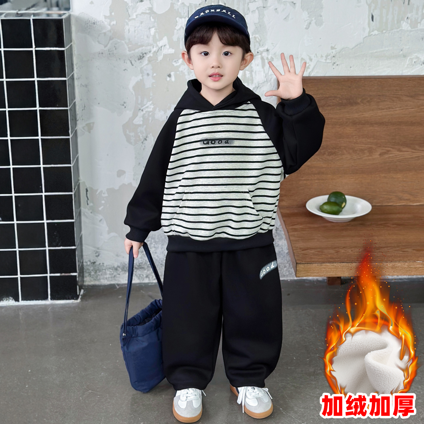 男童秋冬装套装2025新款儿童加绒加厚卫衣两件套男宝秋季运动衣服