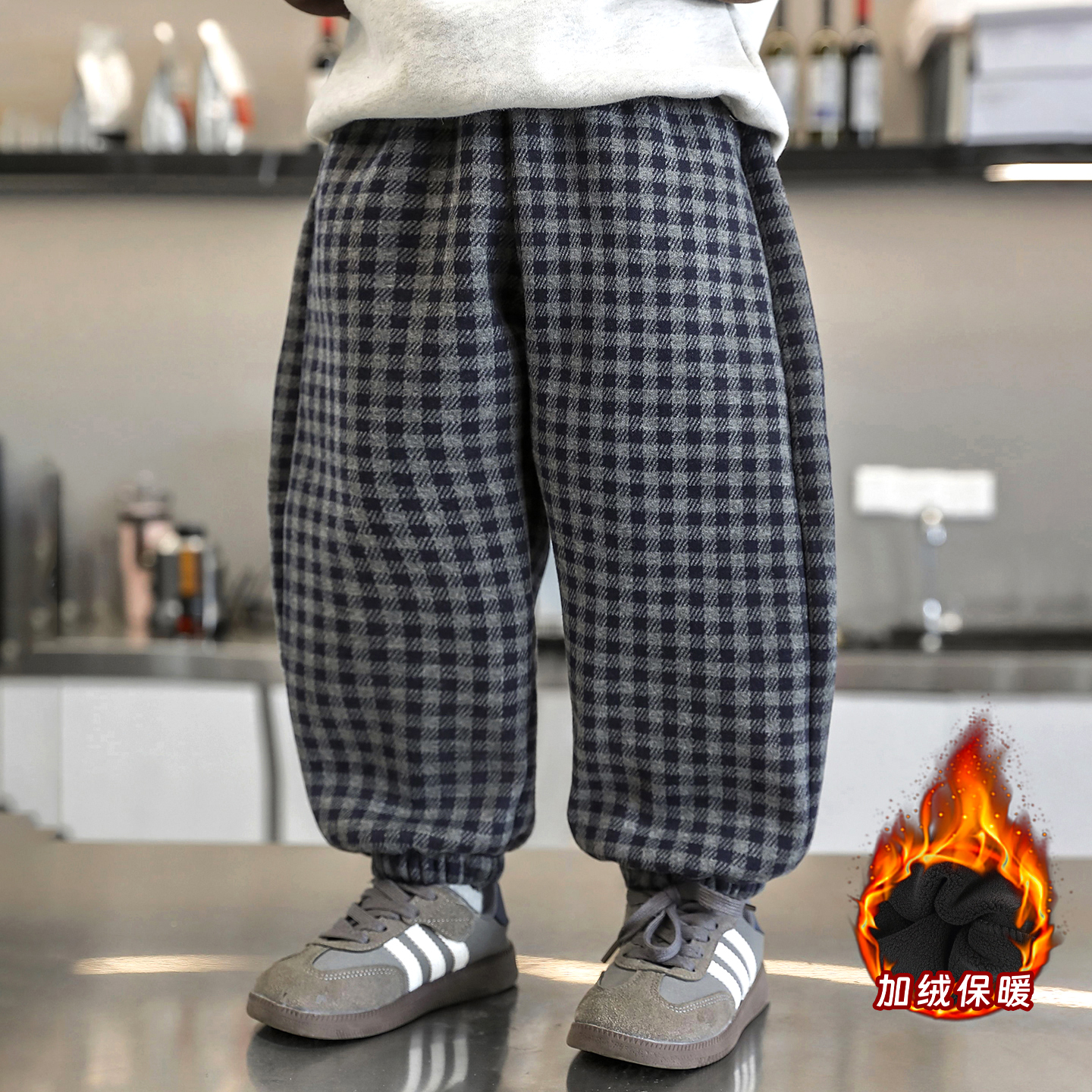 男童格子加绒裤子秋冬季2025新款儿童一体绒百搭束脚裤加厚休闲裤