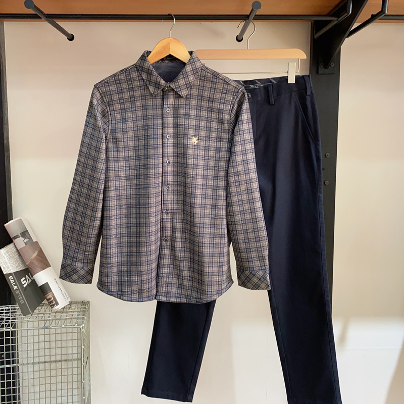 保罗彼得男士长袖衬衫格子翻领