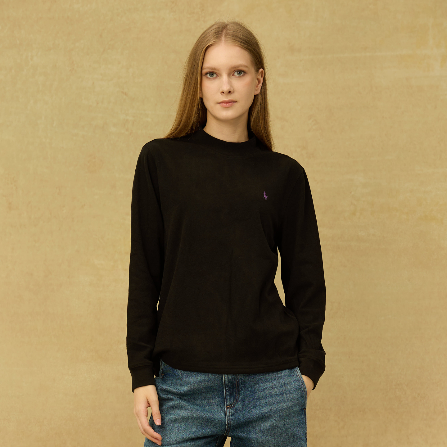 女式圆领半高领长袖T恤简约舒适