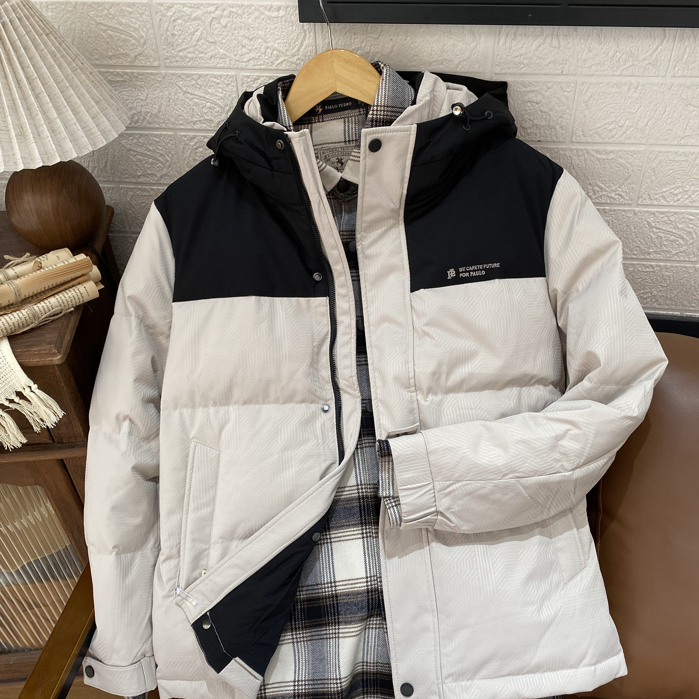 保罗彼得专柜正品男士连帽羽绒服拼接时尚简约舒适保暖REDD76110