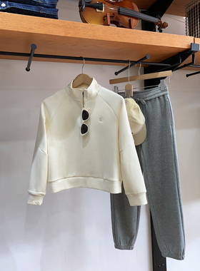 保罗彼得 专柜正品女式卫衣 米色简约气质 立领 半拉链 NTDC48780