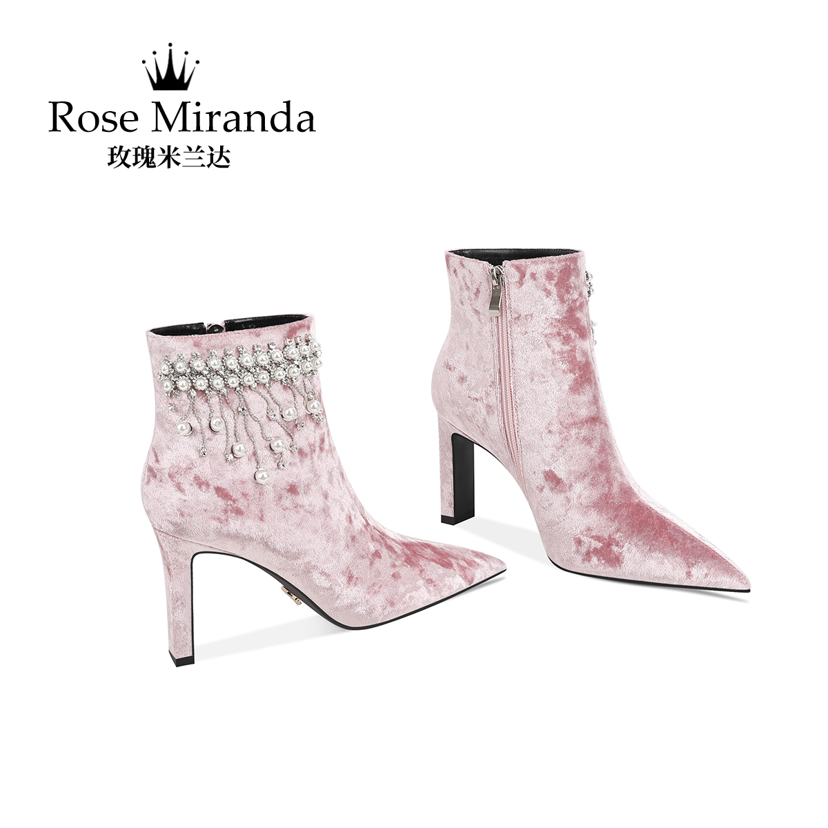 玫瑰米兰达RoseMiranda靴子粉色丝绒时装靴冬季新款加绒短靴
