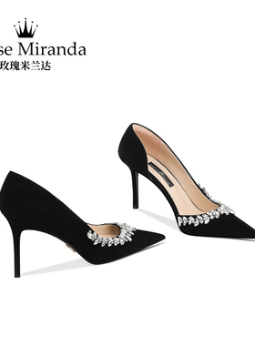 玫瑰米兰达RoseMiranda纪念时刻高跟鞋黑色法式水钻侧空细跟单鞋