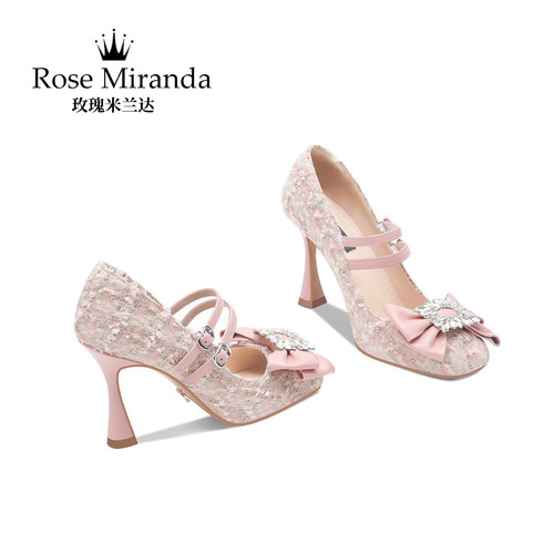 花呢布粉色一字带高跟单鞋