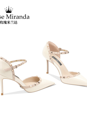 玫瑰米兰达RoseMiranda高跟鞋米白色细跟铆钉尖头凉鞋