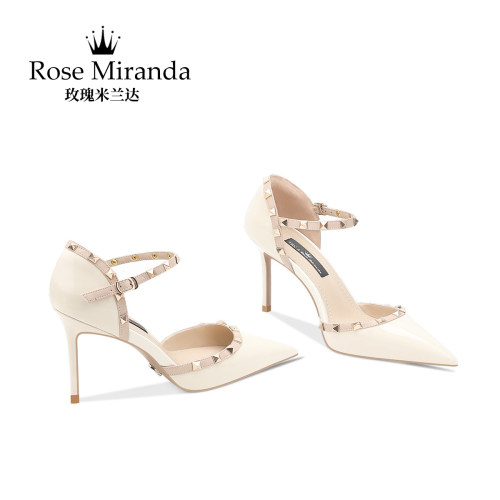 玫瑰米兰达RoseMiranda高跟鞋米白色细跟铆钉尖头凉鞋