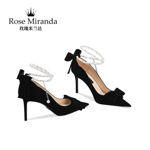 玫瑰米兰达RoseMiranda纪念时刻高跟鞋黑色百搭一字带细跟单鞋