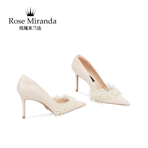 玫瑰米兰达RoseMiranda高跟鞋米白色真皮宴会婚礼细跟单鞋