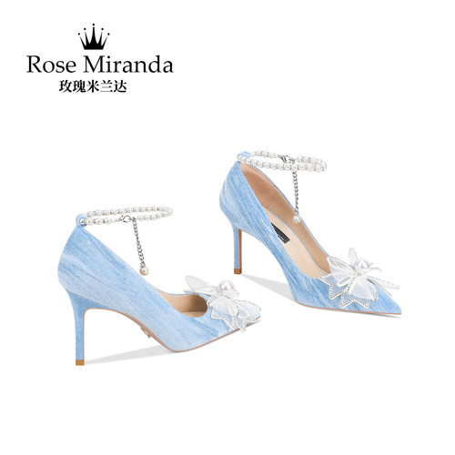 玫瑰米兰达RoseMiranda高跟鞋蓝色一字带蝴蝶结尖头单鞋女