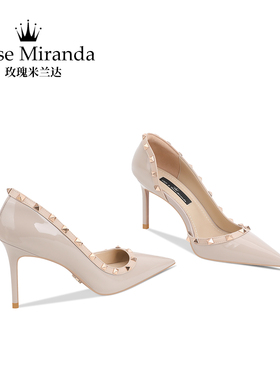 玫瑰米兰达RoseMiranda高跟鞋新灰色铆钉侧空细跟尖头单鞋