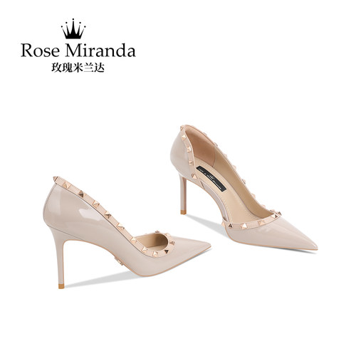 玫瑰米兰达RoseMiranda高跟鞋新灰色铆钉侧空细跟尖头单鞋