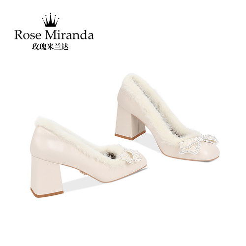 玫瑰米兰达RoseMiranda高跟鞋秋冬新款米白色一脚蹬毛毛单鞋