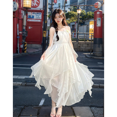 CherryKitty仙女座月光白裙夏季海边仙女白月光感亮纱雪纺长裙子