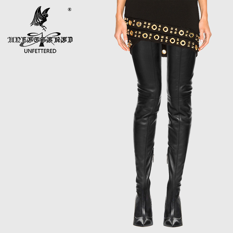 unfettered定制秋冬新款细高跟牛皮显瘦超长尖头过膝长靴大腿靴女