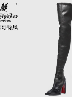 Unfettered秋冬定制弹力羊皮70cm暗黑哥特红底粗跟圆头超长大腿靴