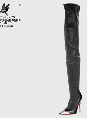 Unfettered新款冬金属尖头细高跟过膝长靴80cm超长大腿靴弹力羊皮