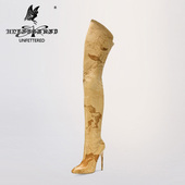Unfettered订做私人定制女鞋 印花超高细跟尖头过膝大腿长靴冬碎花